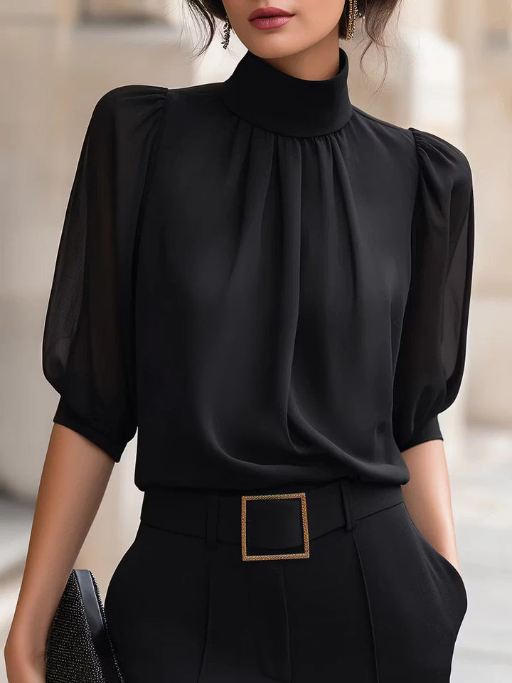 Valessique - Plissee-Bluse mit hohem Kragen