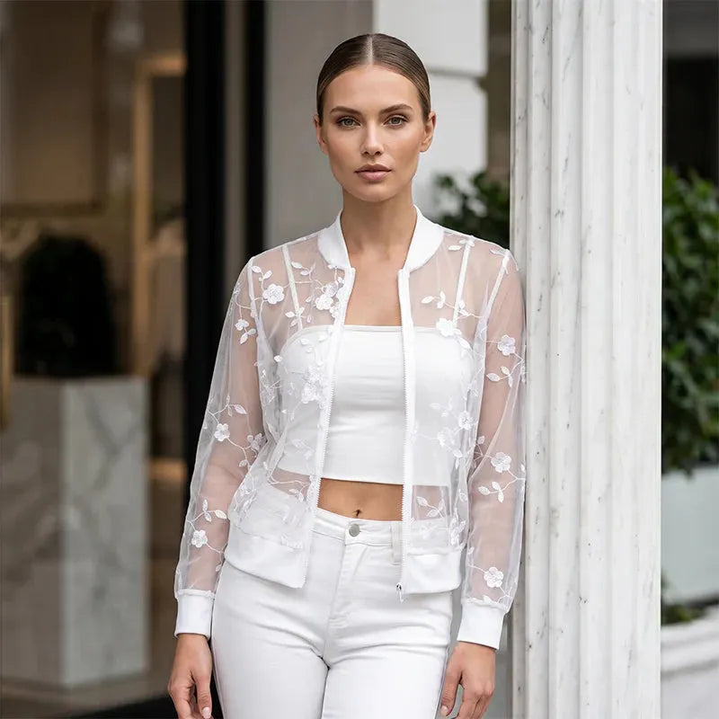 Aderisse - Transparenter Cardigan mit Reißverschluss und Blumenmuster