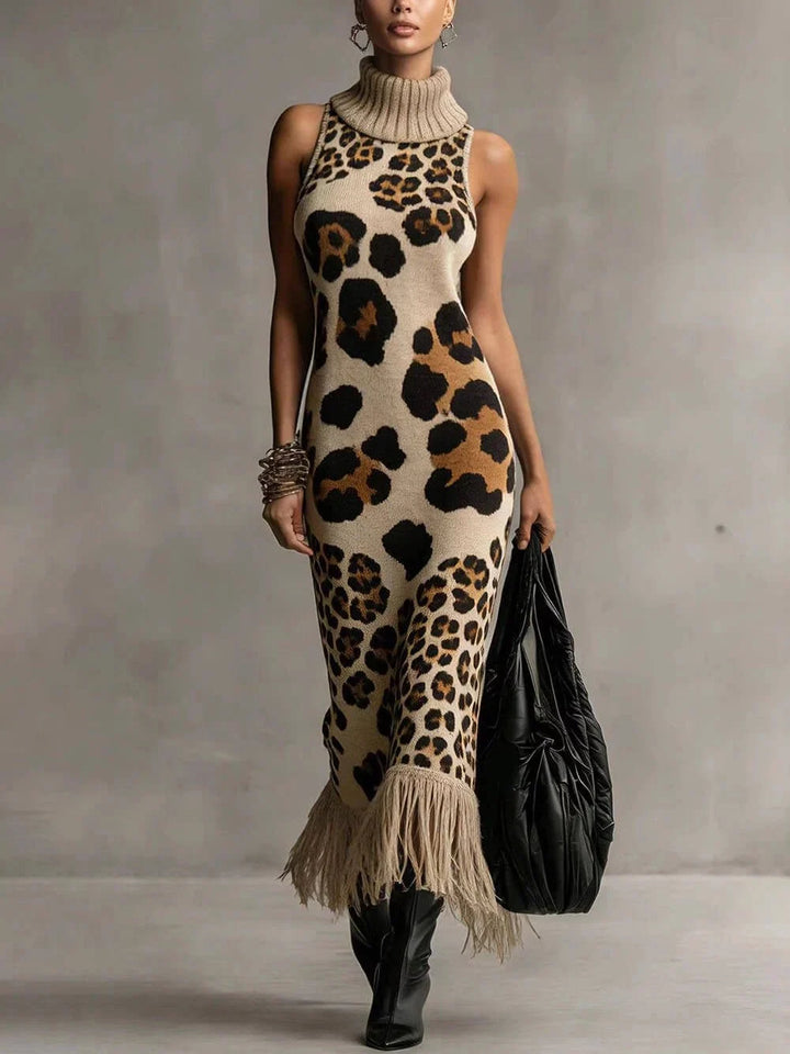 Oksana - Maxikleid mit Leopardenmuster und Fransen