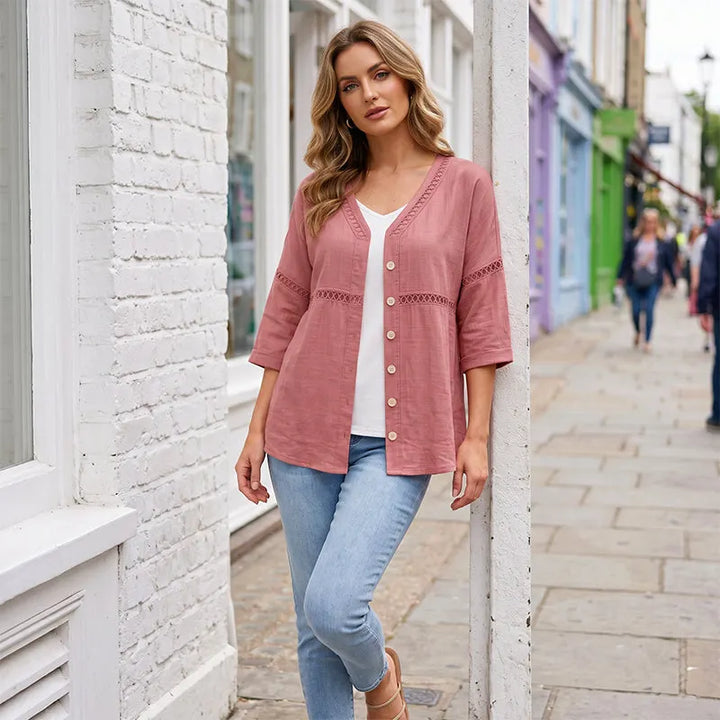 Ardena - Bestickte Bluse mit Knopfleiste