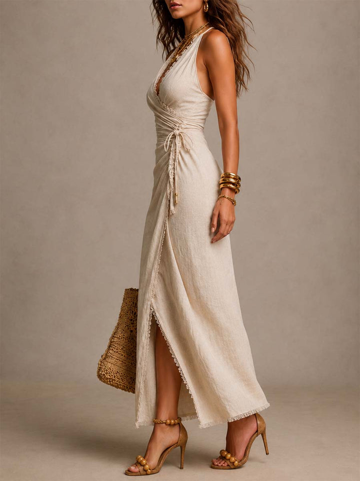 Maevina - Romantisches Midi-Wickelkleid aus Leinen