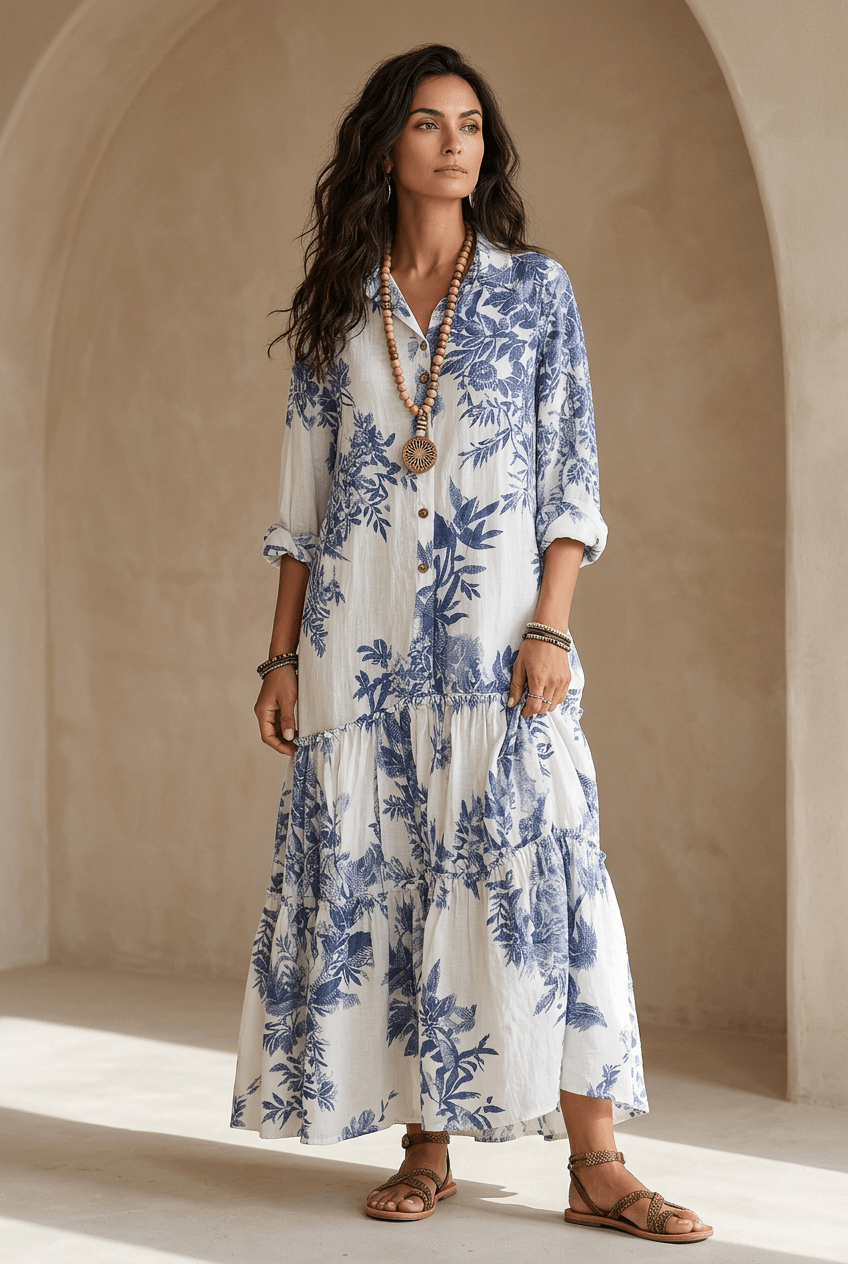 Thealise - Leichtes, geblümtes Maxikleid mit Knopfleiste vorn