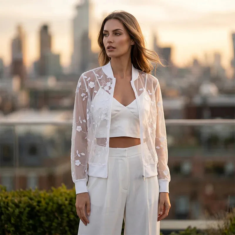 Aderisse - Transparenter Cardigan mit Reißverschluss und Blumenmuster