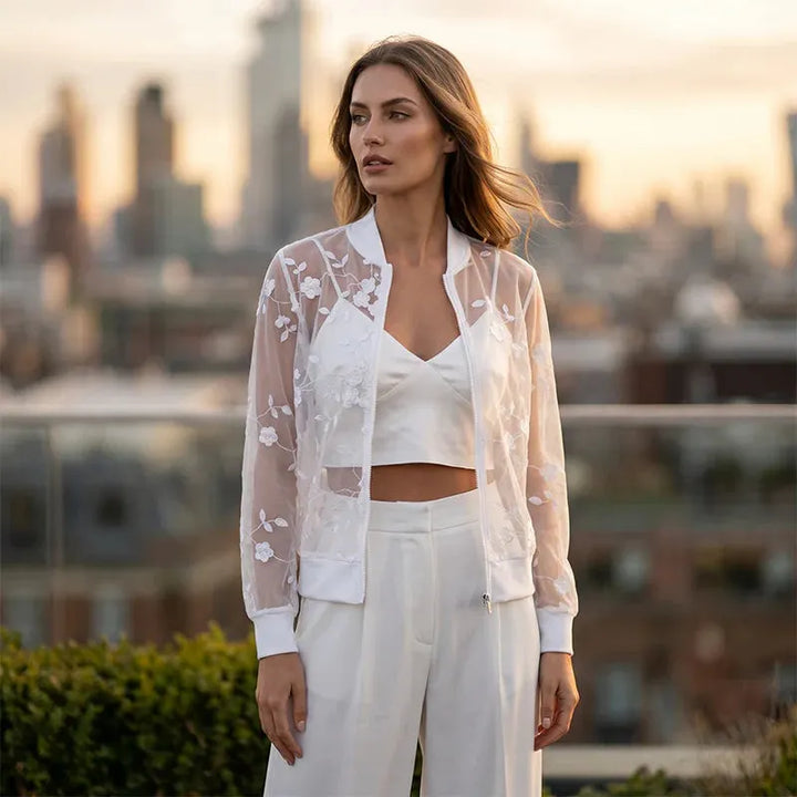 Aderisse - Transparenter Cardigan mit Reißverschluss und Blumenmuster