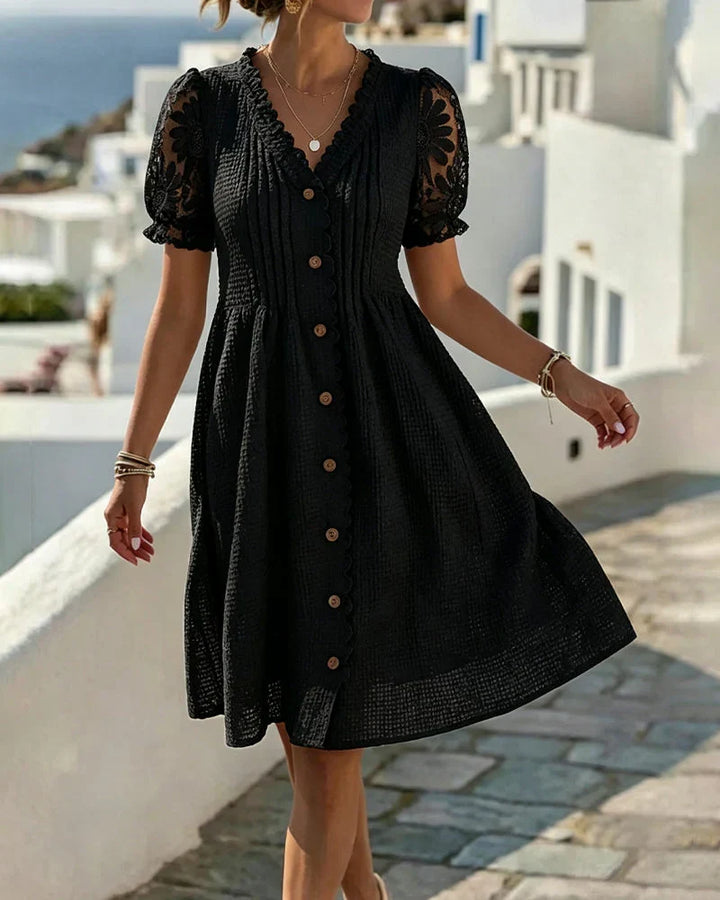 Emmara - Premium Patchwork-Kleid mit Puffärmeln