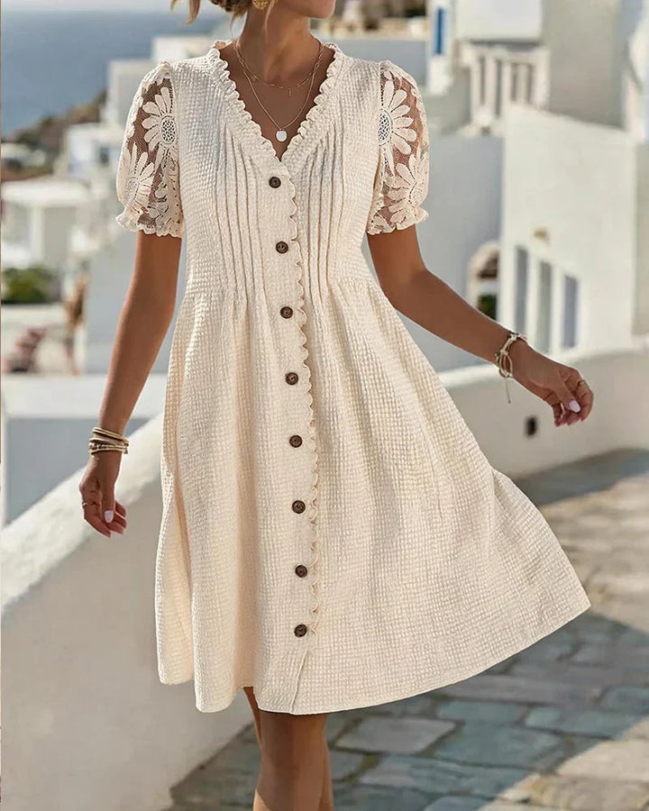 Emmara - Premium Patchwork-Kleid mit Puffärmeln
