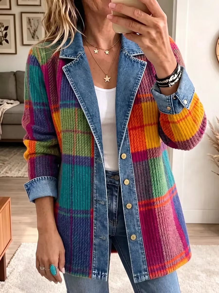 Sasha - Bunt karierte Strick-Denim-Jacke
