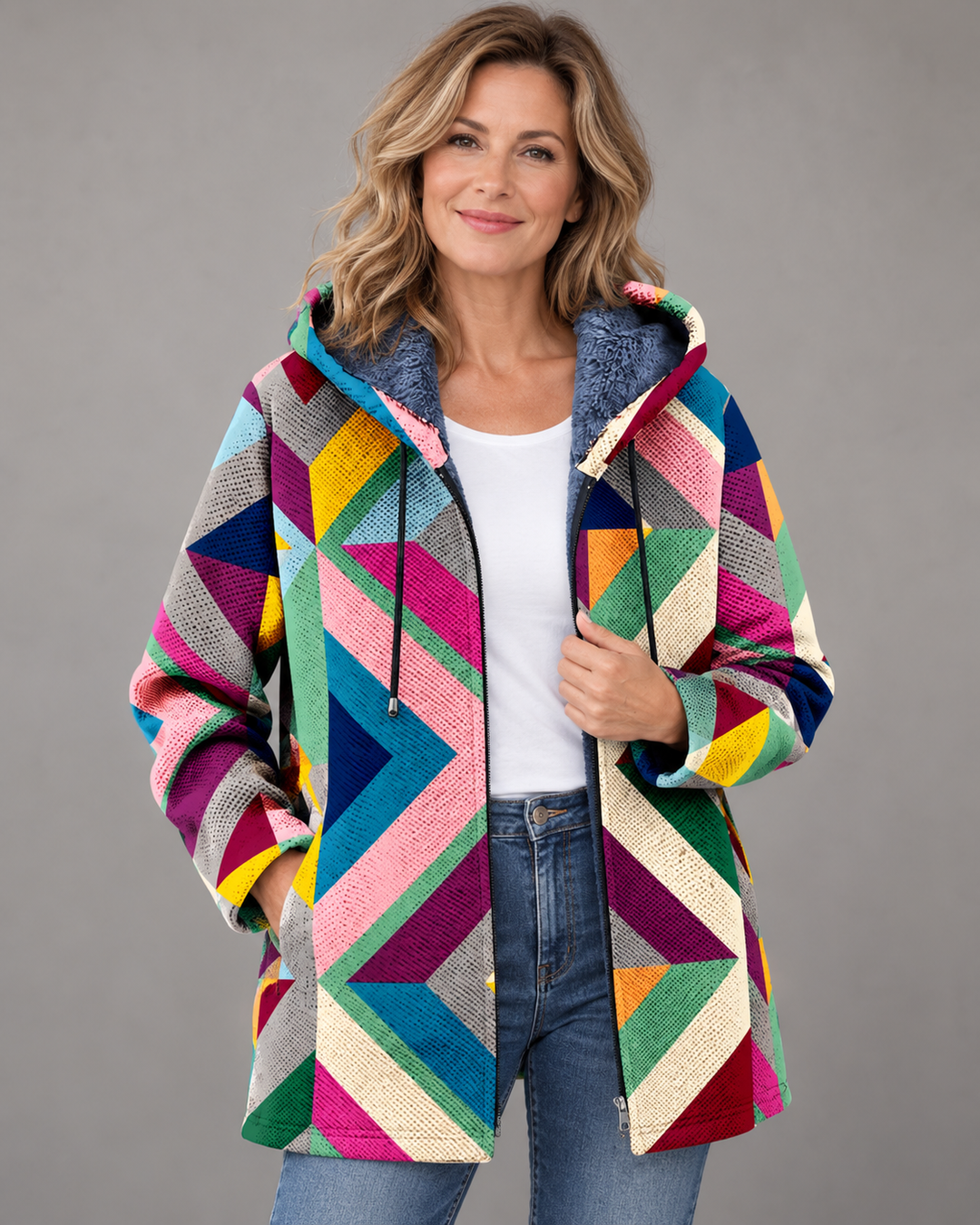 Betha - Geometrisch gemusterte plüschgefütterte Kapuzenjacke
