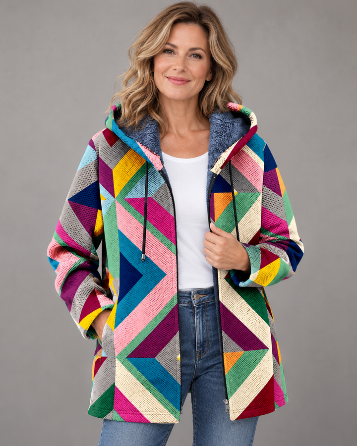 Betha - Geometrisch gemusterte plüschgefütterte Kapuzenjacke