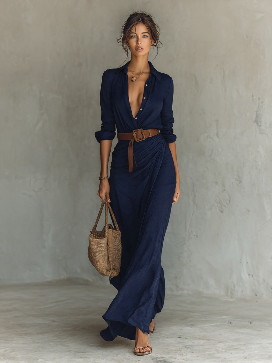 Calantha - Weiches Maxi-Hemdblusenkleid mit Gürtel