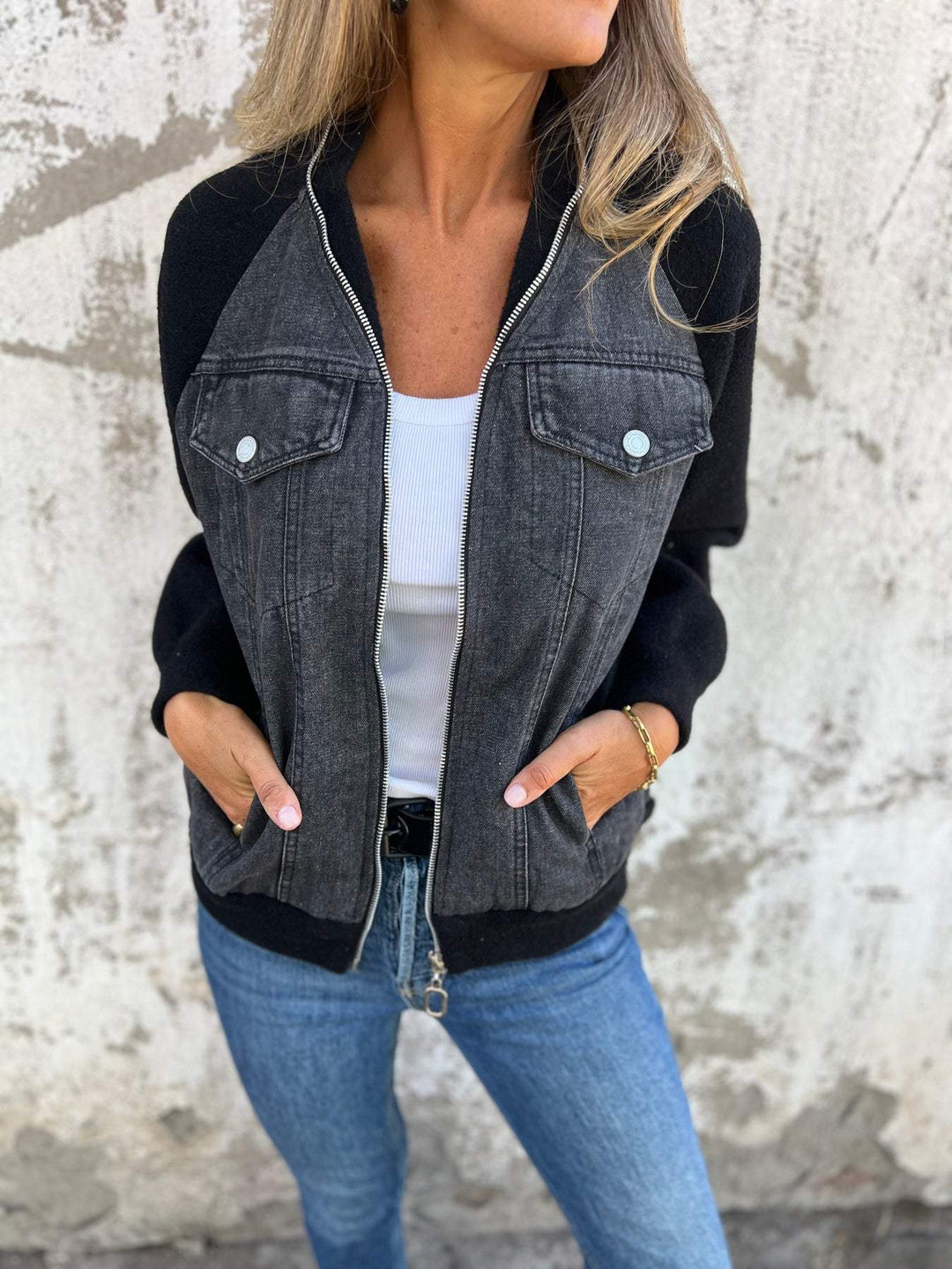 Alinique - Weiche Strickdenim-Bomberjacke