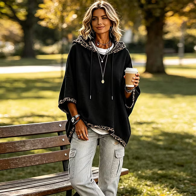 Aliz - Hoodie mit Fledermausärmeln und Leopardenbesatz
