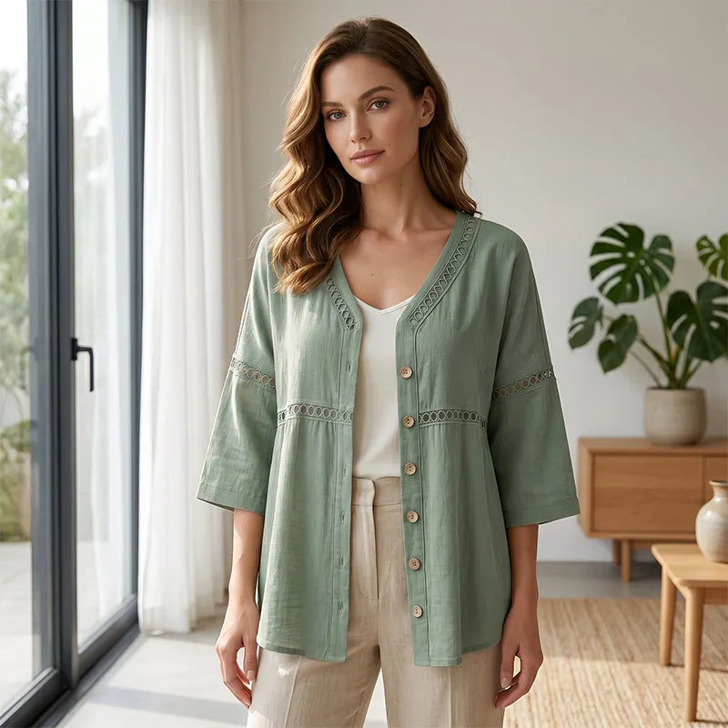 Ardena - Bestickte Bluse mit Knopfleiste