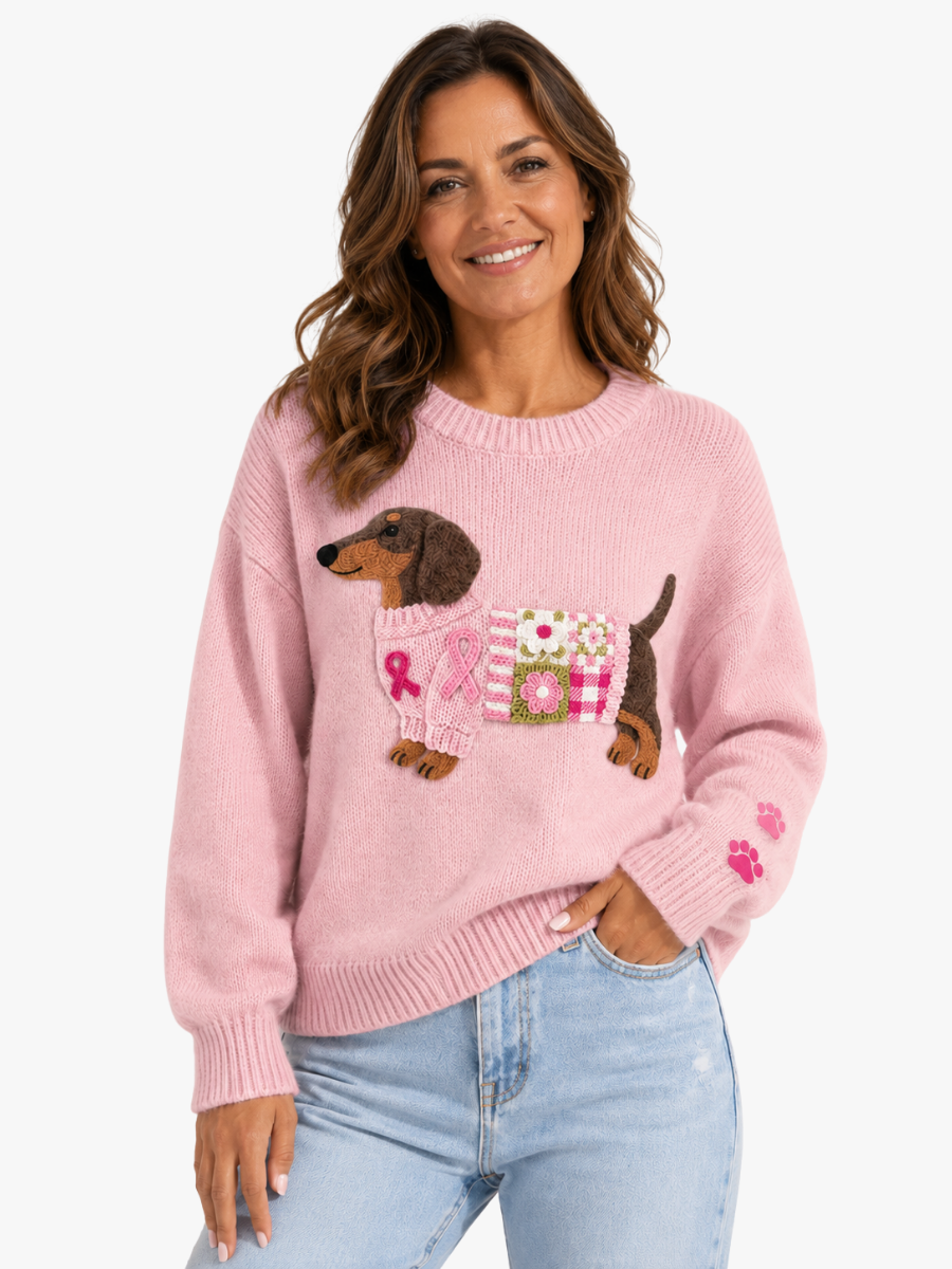 Caravine - Patchwork-Strickpullover mit Hundemotiv