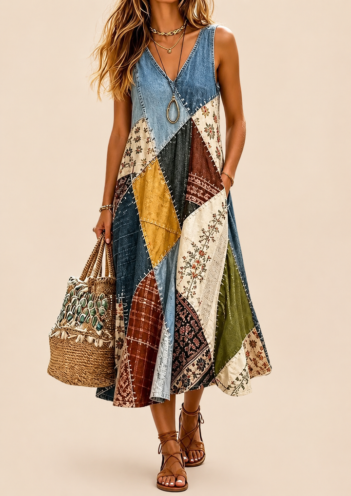 Arwyn - Fließendes Boho-Patchwork-Kleid
