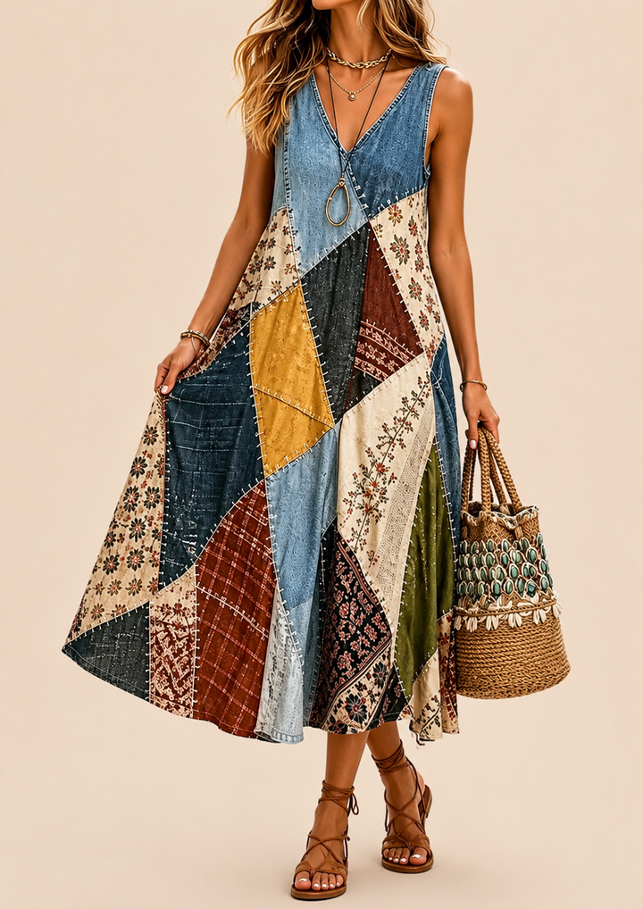 Arwyn - Fließendes Boho-Patchwork-Kleid