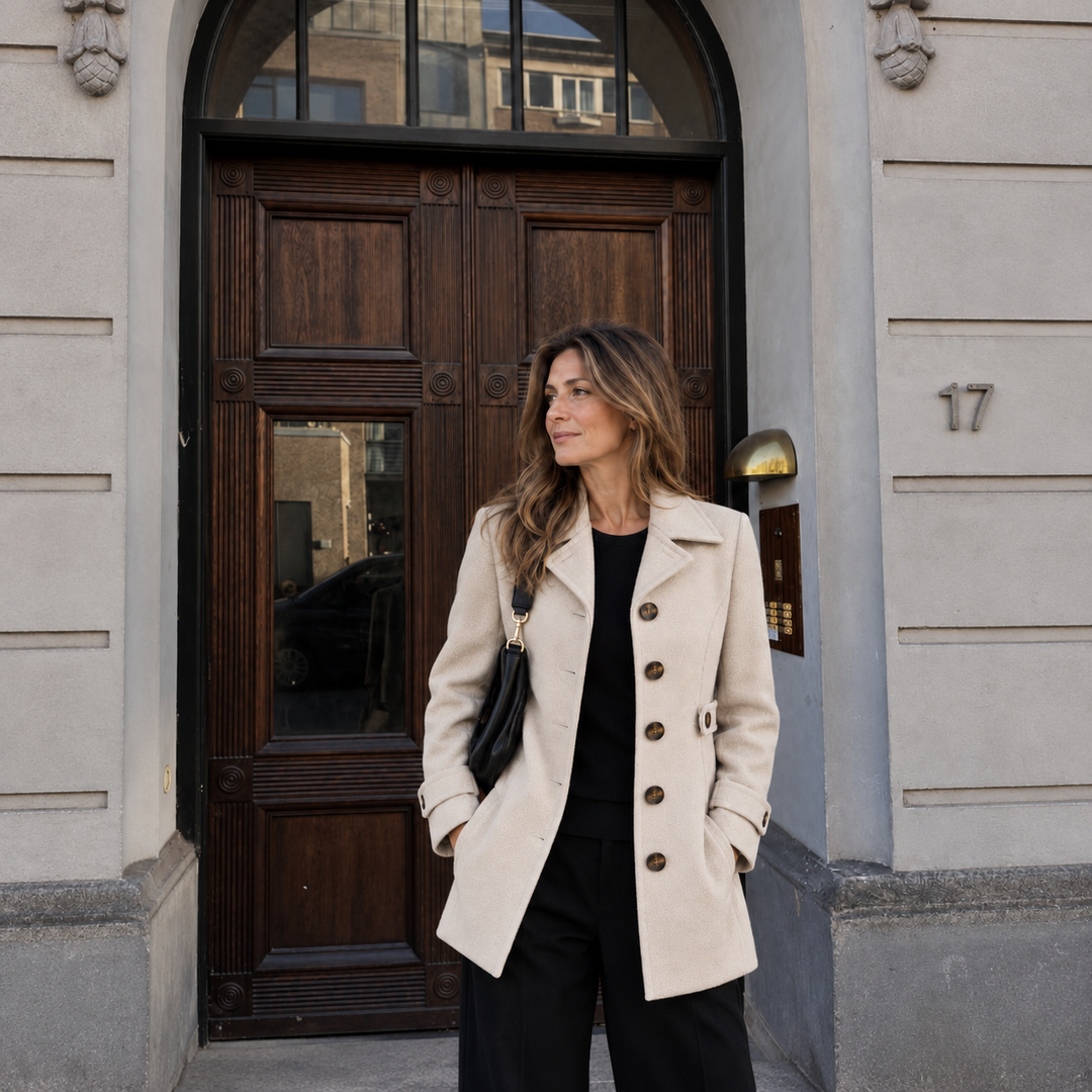 Romy - Mittellanger, taillierter Mantel mit Knopfleiste