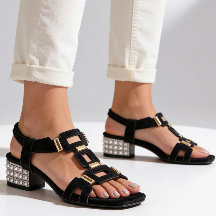 Marcella - Slingback-Sandalen mit Blockabsatz und Kristallbesatz