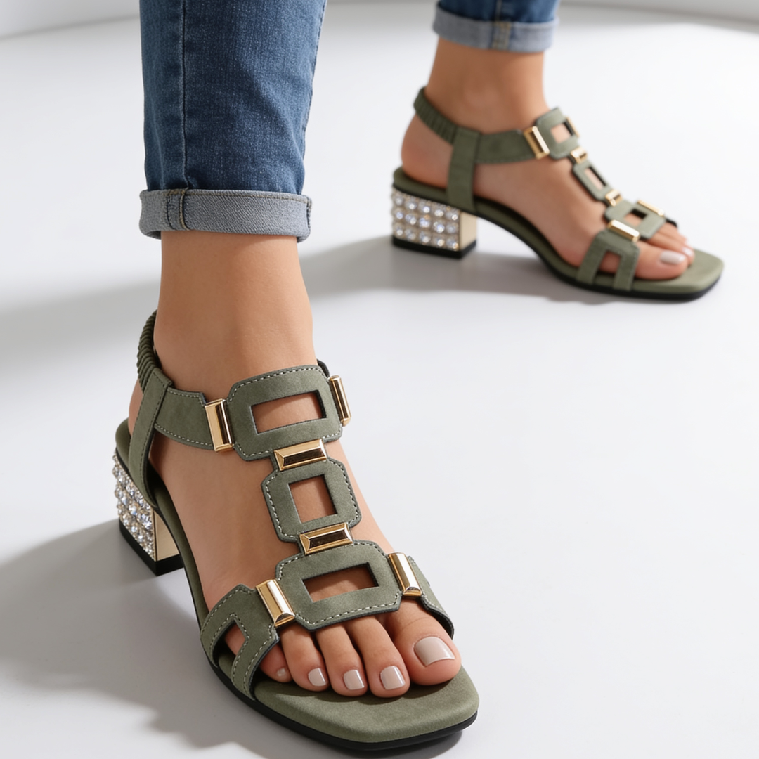 Marcella - Slingback-Sandalen mit Blockabsatz und Kristallbesatz