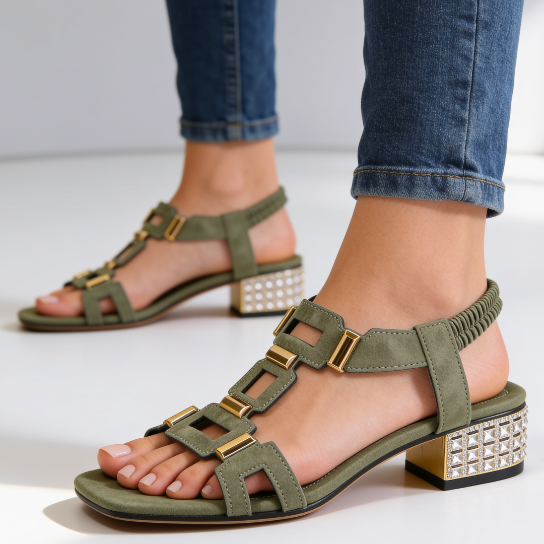 Marcella - Slingback-Sandalen mit Blockabsatz und Kristallbesatz