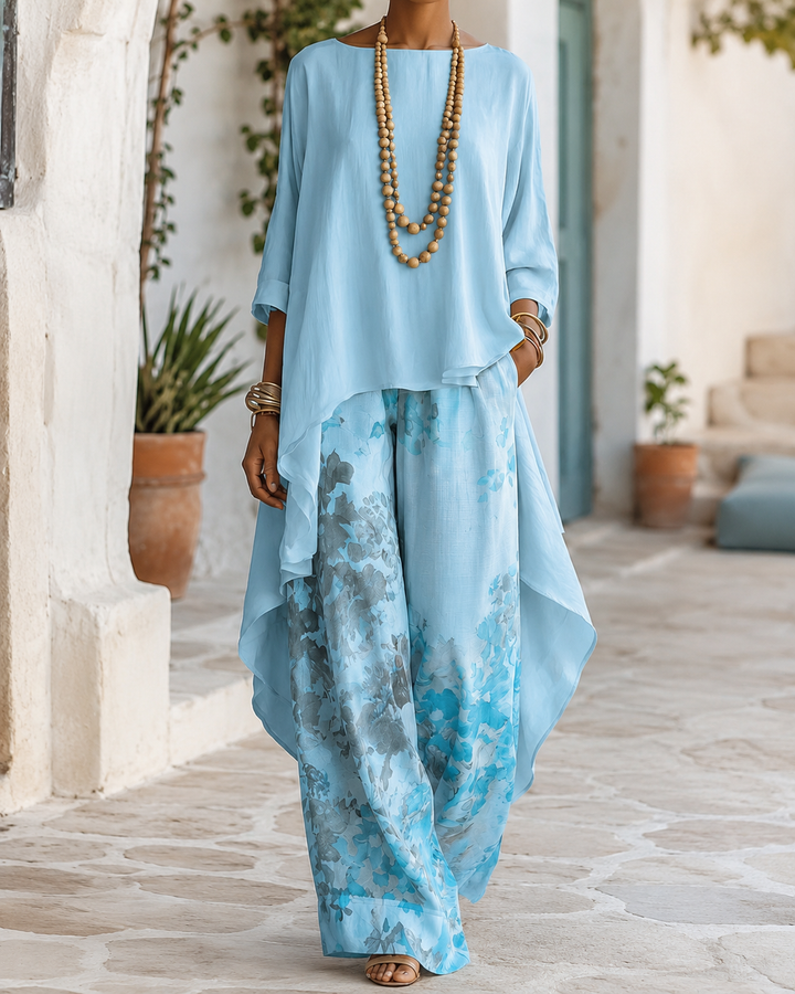 Anwyn - Set aus mehrlagigem Chiffon-Top und Hose mit weitem Bein