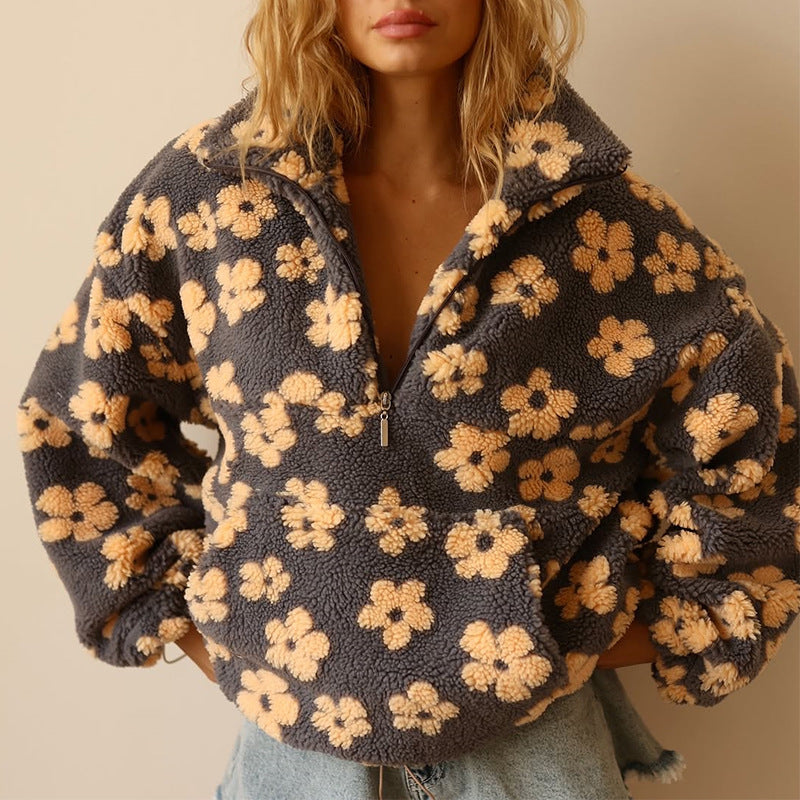 Clemency - Kuscheliger Fleece-Pullover mit Blumenmuster