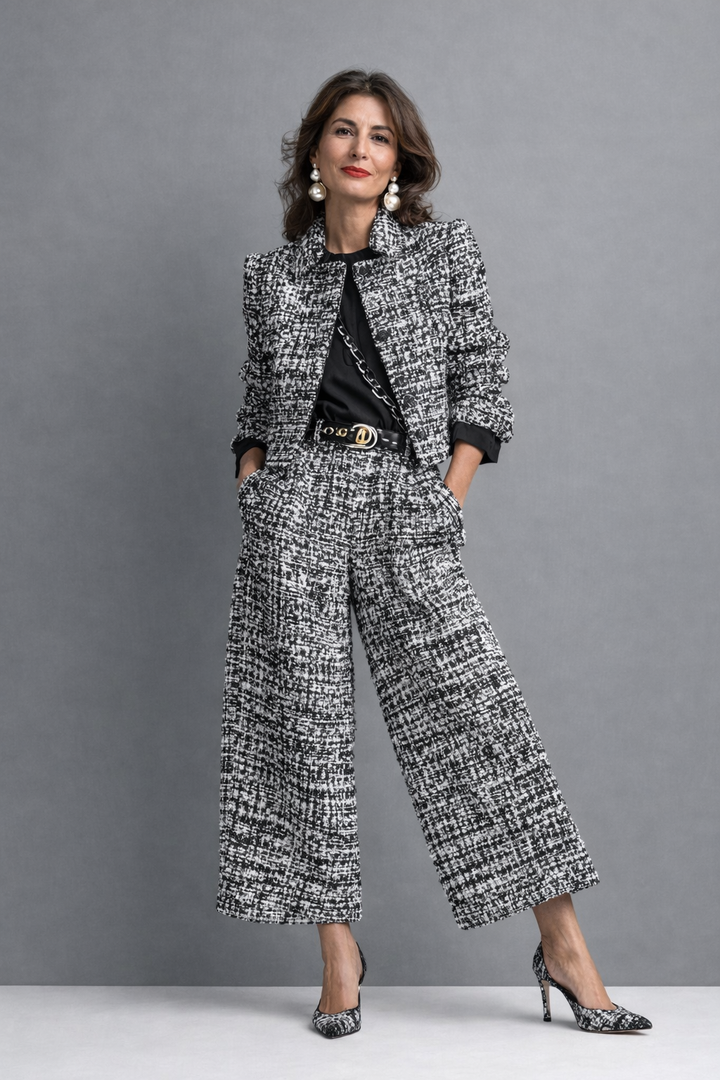 Norabel - Strukturiertes Set aus kurzer Jacke und weit geschnittener Hose