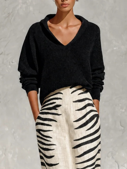 Aelyra - Strickpullover mit softem Griff & Midirock im Zebra-Print aus Leinen