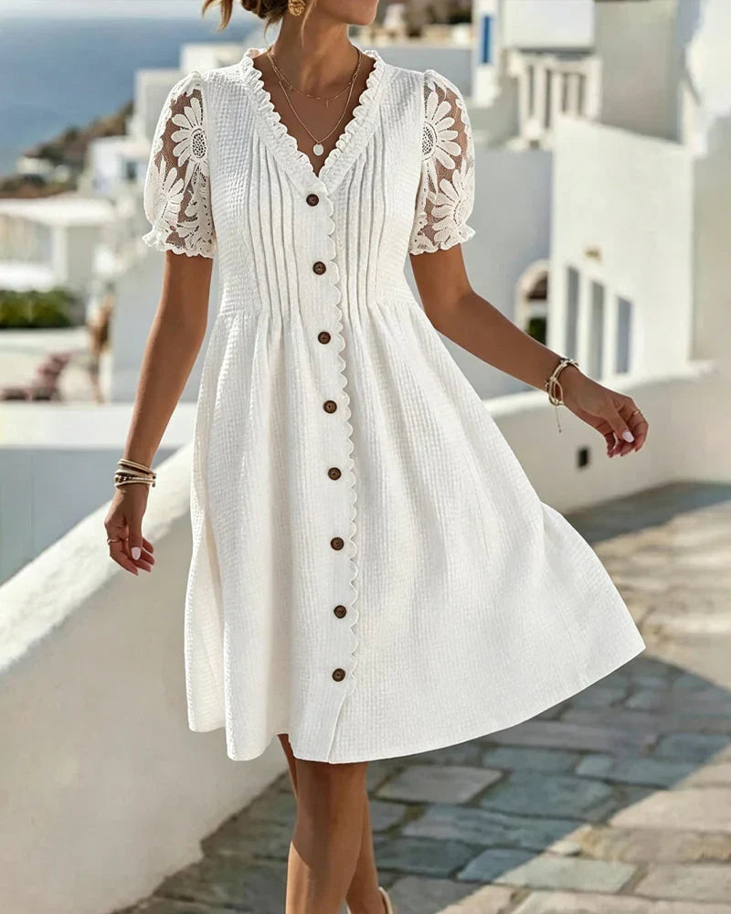 Emmara - Premium Patchwork-Kleid mit Puffärmeln