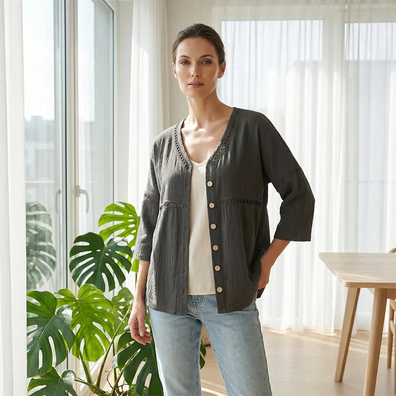 Ardena - Bestickte Bluse mit Knopfleiste
