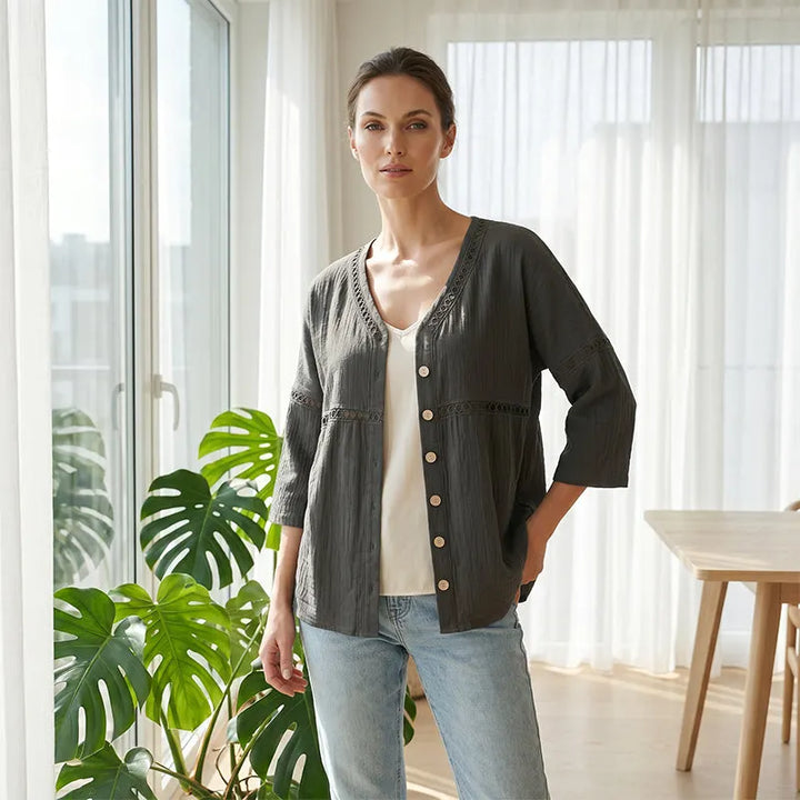 Ardena - Bestickte Bluse mit Knopfleiste