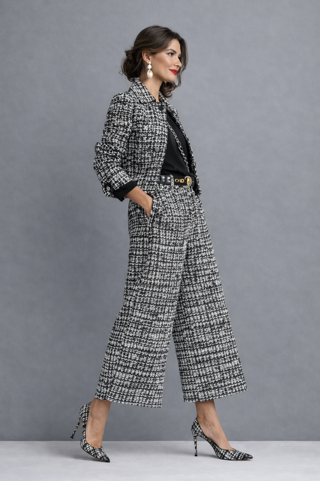 Norabel - Strukturiertes Set aus kurzer Jacke und weit geschnittener Hose