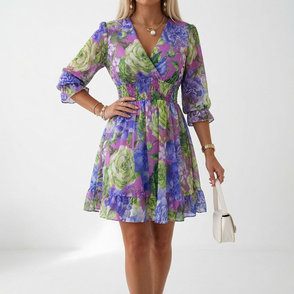 Maelona - Florales, gesmoktes Minikleid mit weicher Haptik