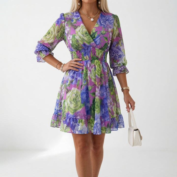 Maelona - Florales, gesmoktes Minikleid mit weicher Haptik