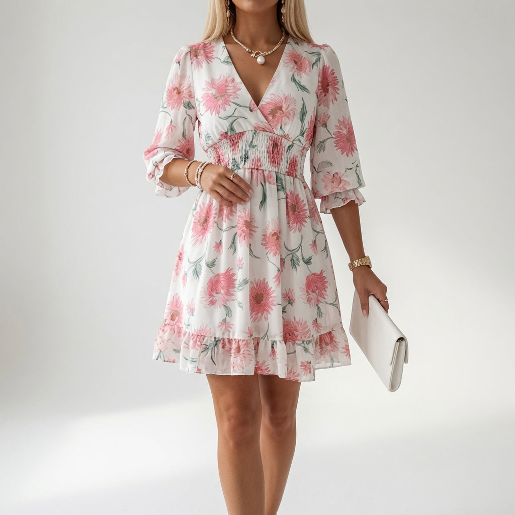 Maelona - Florales, gesmoktes Minikleid mit weicher Haptik