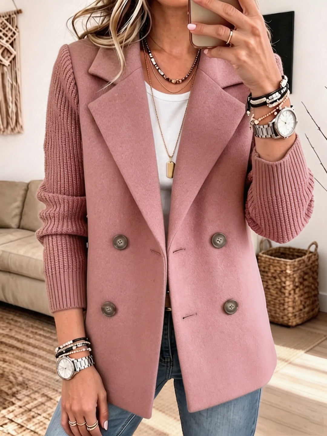 Adalene - Zweireihiger Blazer mit Strickärmeln