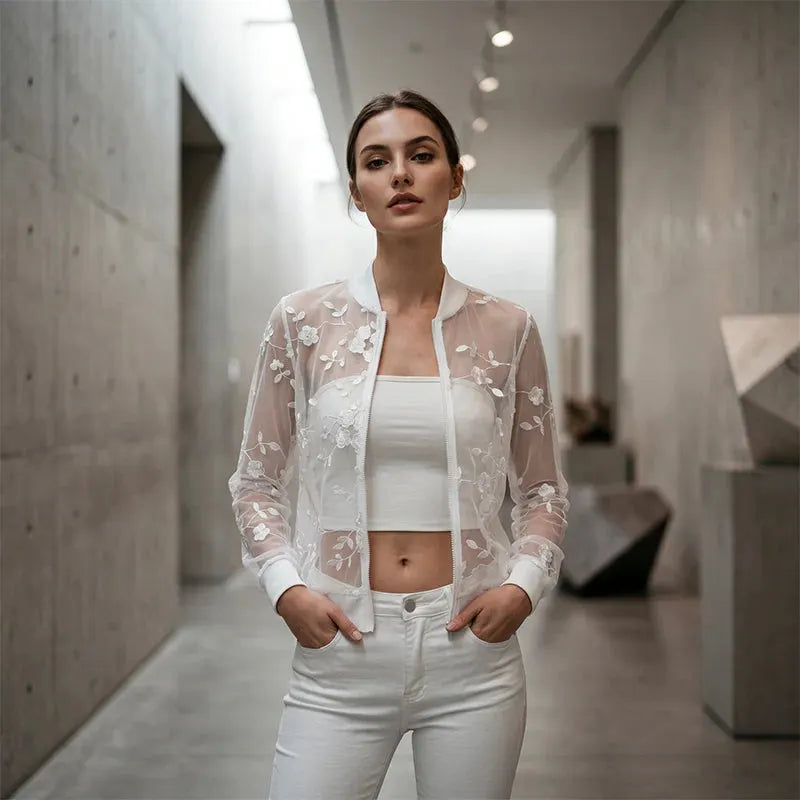 Aderisse - Transparenter Cardigan mit Reißverschluss und Blumenmuster