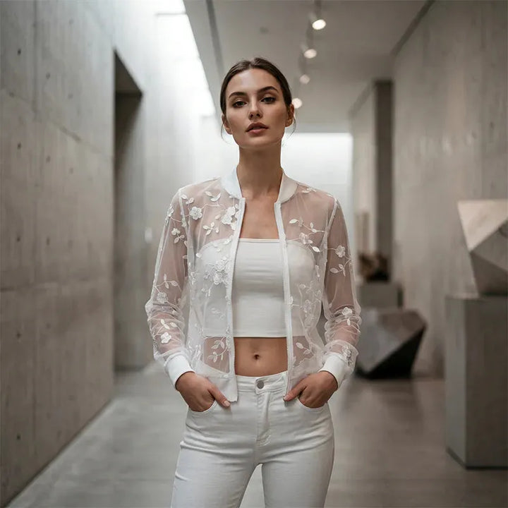 Aderisse - Transparenter Cardigan mit Reißverschluss und Blumenmuster