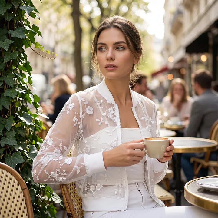 Aderisse - Transparenter Cardigan mit Reißverschluss und Blumenmuster