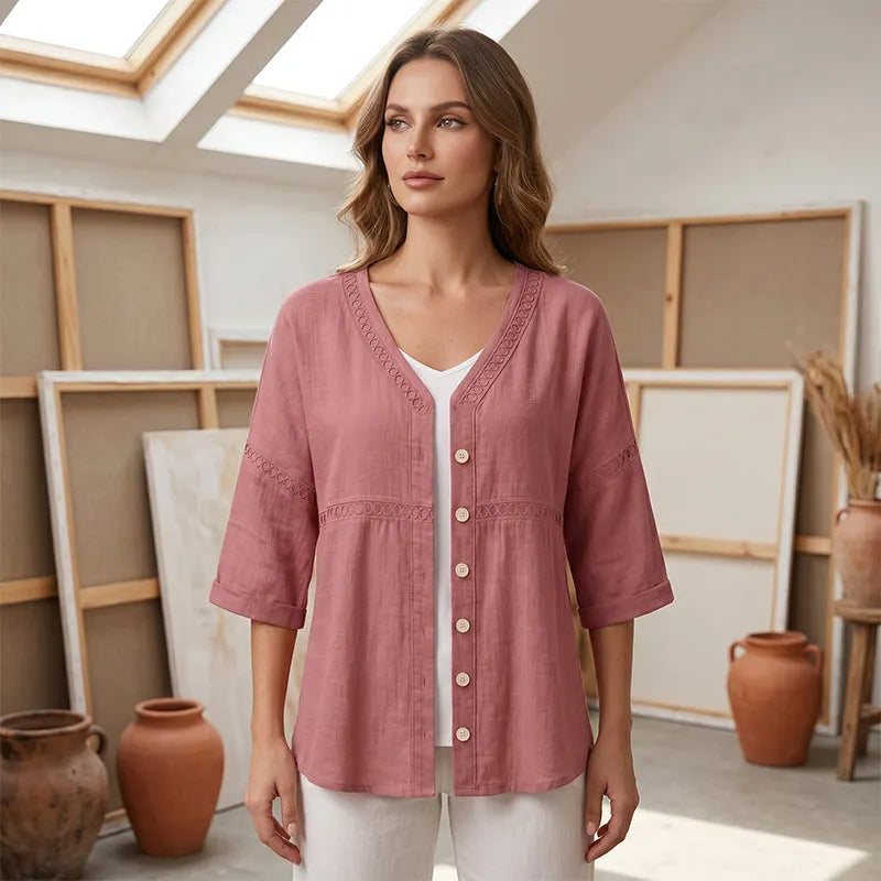 Ardena - Bestickte Bluse mit Knopfleiste
