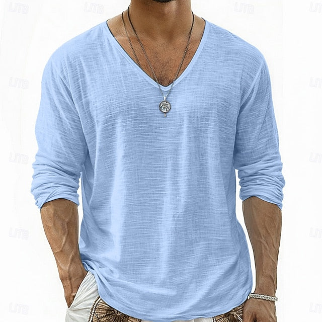 Crispin - Atmungsaktives Leinen-Langarmshirt mit V-Ausschnitt