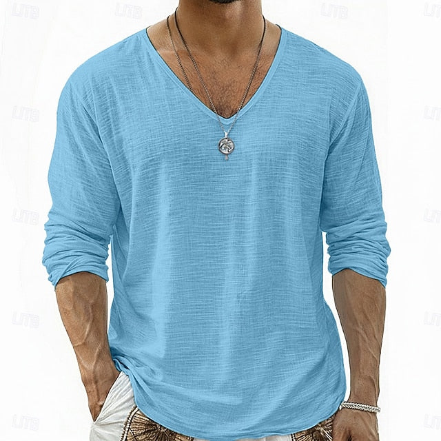 Crispin - Atmungsaktives Leinen-Langarmshirt mit V-Ausschnitt
