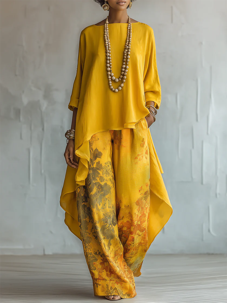 Anwyn - Set aus mehrlagigem Chiffon-Top und Hose mit weitem Bein
