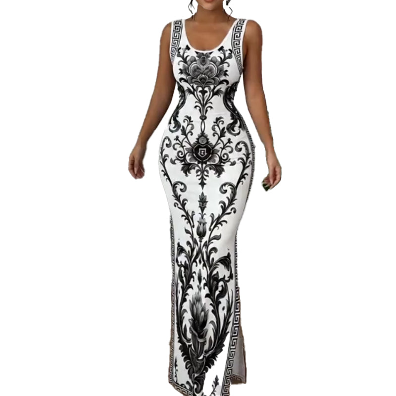 Marcella - Maxikleid mit Porzellan-Print und Seitenschlitz
